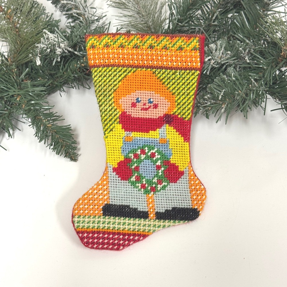 Vintage Mini Needlepoint Christmas Stocking Boy with Wreath Red Felt Back 8.5"